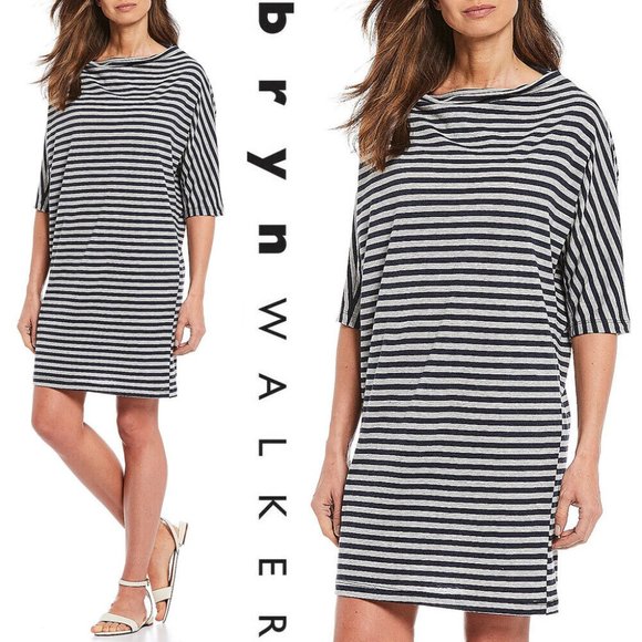 BRYN WALKER Ingrid Bateau Neck DRESS S M L Organic Cotton Blue Grey Striped $148